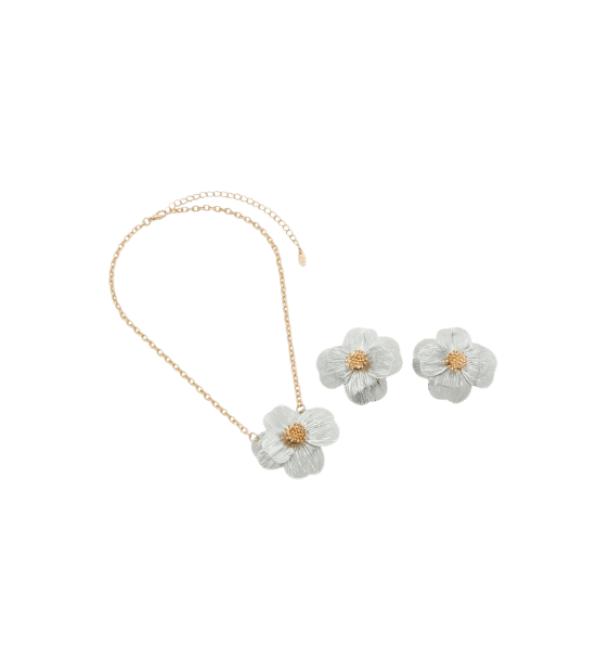 Conjunto de Colar e Brinco Formato de Flor Dourado/Bege
