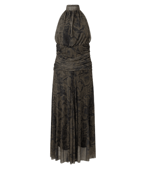 Vestido Longo em Tule Estampado com Decote Halter