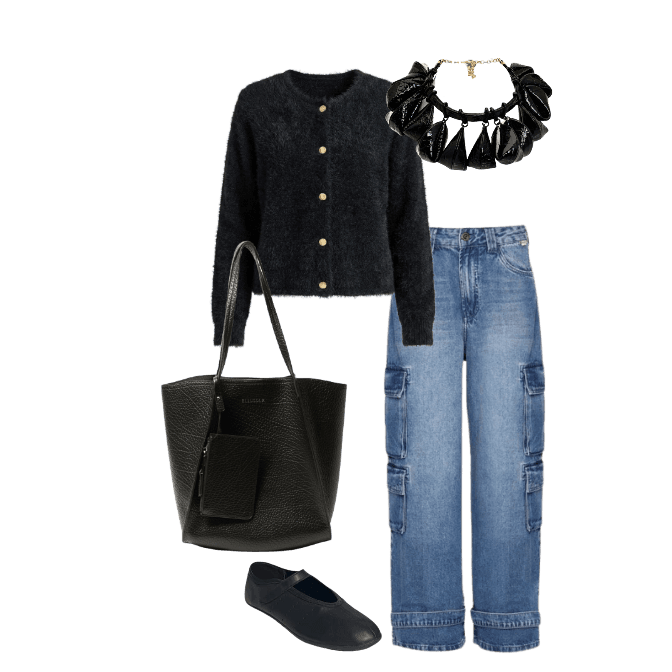 Calça cargo jeans + cardigã preto: a dupla comfy que a gente ama!