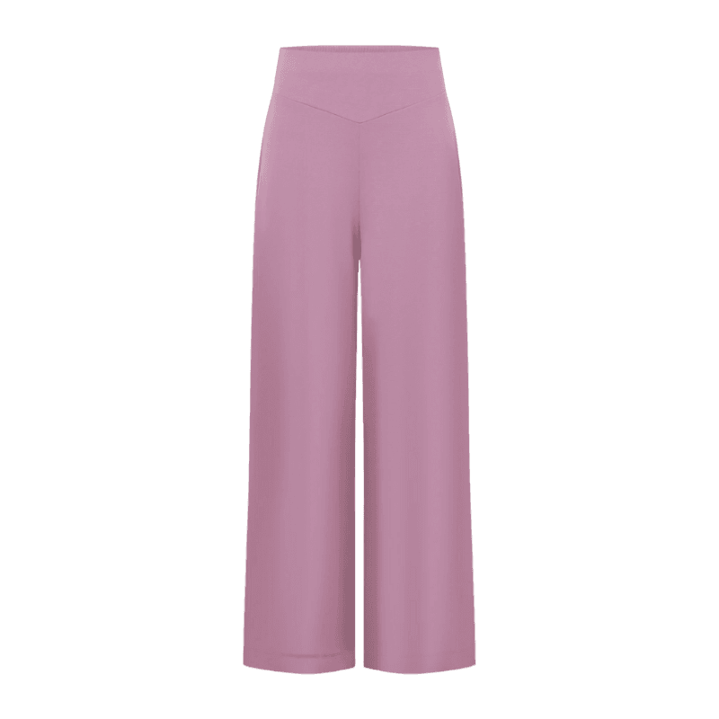 Calça Wide Leg em Ribana com Cós Elástico e Detalhe em V Rosa