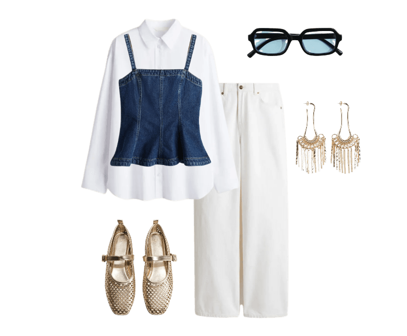 Look casual chic: camisa branca, top jeans e calça wide leg para um estilo moderno