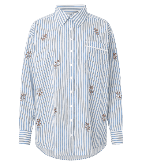 Camisa Oversized em Tricoline Listrado com Bordado de Beads