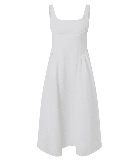 Vestido em Tricoline com Decote Quadrado e Recortes Laterais