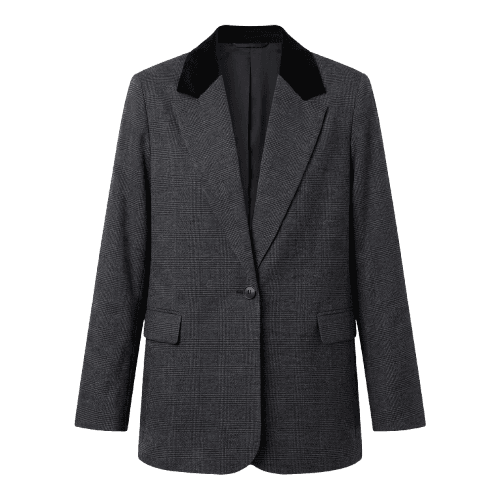 Blazer de Alfaiataria Feminino Lapela Contrastante Xadrez Mindset Cinza