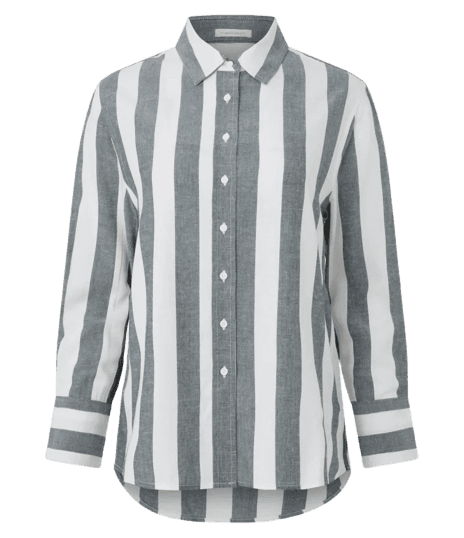 Camisa Manga Longa em Viscolinho com Estampa Listrada Branco/Cinza