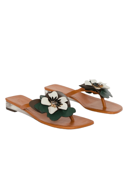 Rasteira De Couro Flor Pedraria
