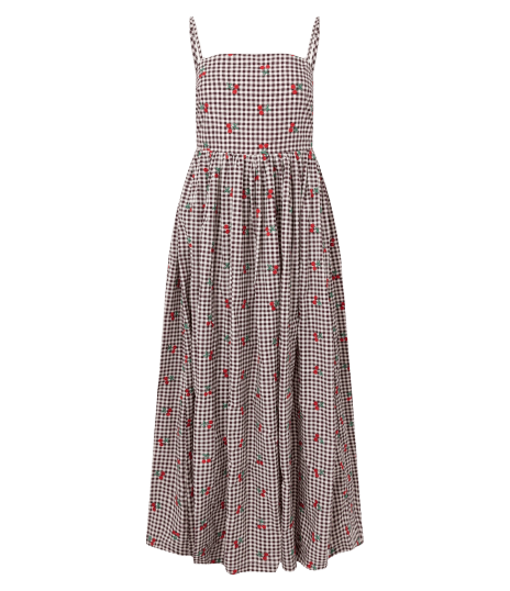 Vestido Longo Vichy com Poá e Decote Quadrado