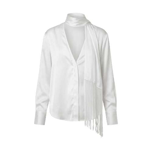 Blusa Feminina Manga Longa Gola Echarpe com Franjas Acetinada Mindset Off White