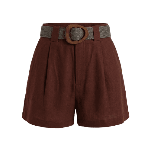 short feminino de alfaiataria com linho e cinto marrom