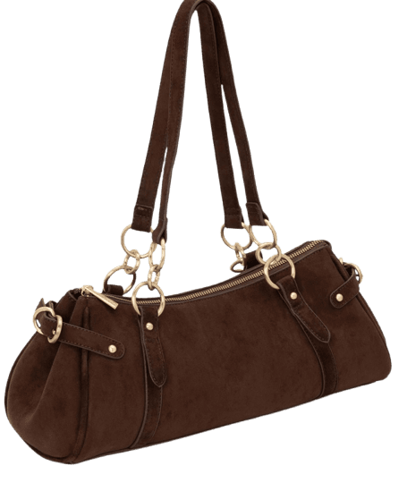 Bolsa Suede Média Com Detalhes Metalizados Marrom