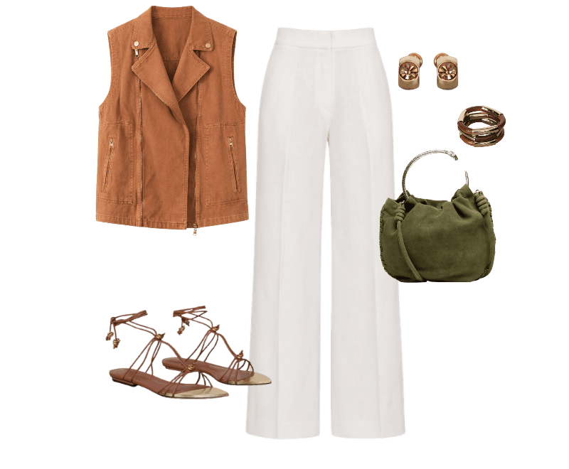 Look casual chic: colete caramelo e calça branca para um estilo versátil