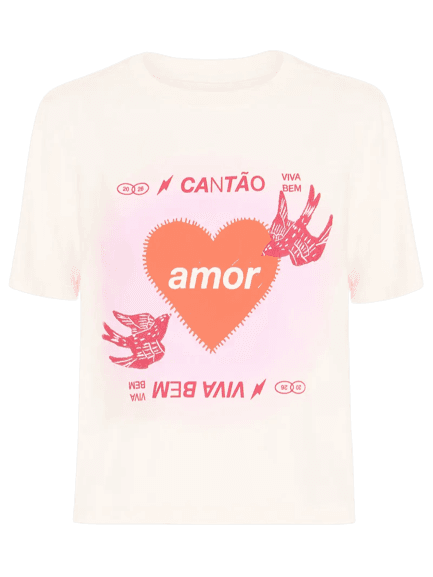 Camiseta Feminina Box Bordada Amor Bege Cantão