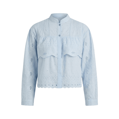 Camisa De Algodão De Manga Longa Bordada Azul