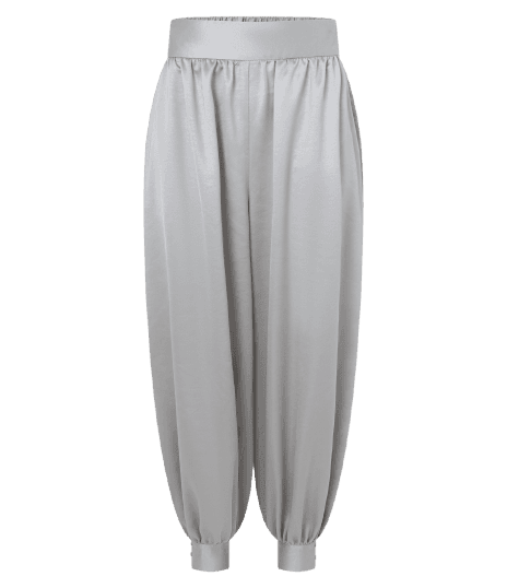 Calça Aladim Alfaiatada Acetinada com Barra Ajustada