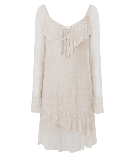 Vestido Curto em Renda com Manga Longa e Babados