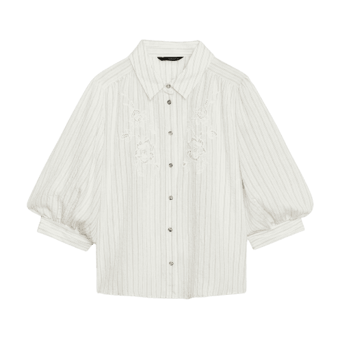 Camisa Listrada com Bordados Perfurados