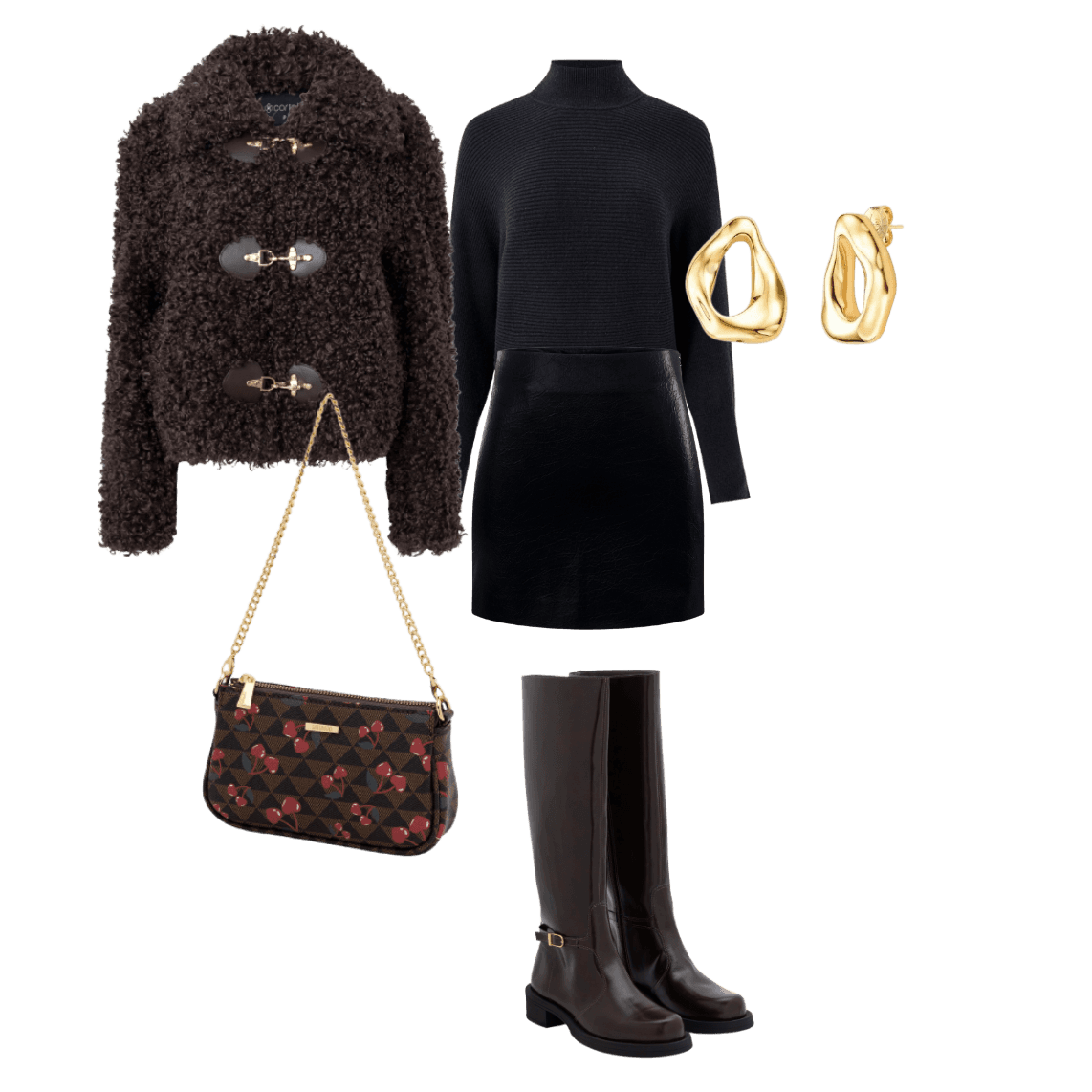 Look de inverno elegante: casaco teddy, saia de couro e botas de cano alto