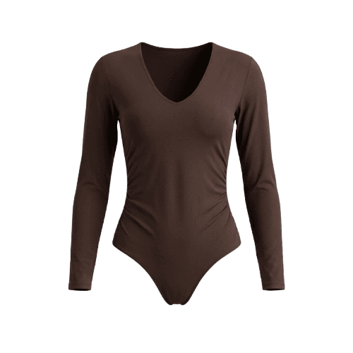 Body feminino de poliamida decote V manga longa franzido marrom