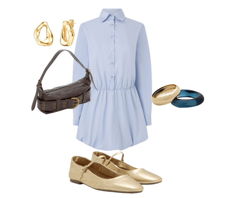 Look casual chic: vestido chemise azul com toques dourados e conforto