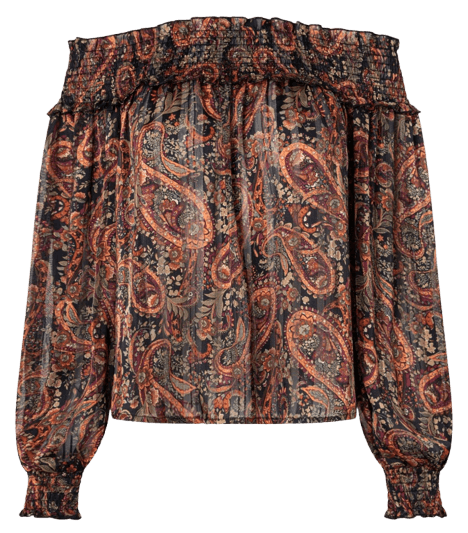 Blusa Bata Em Chiffon Com Decote Ombro A Ombro E Estampa Paisley Preto