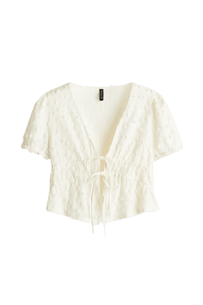 Blusa em malha plumeti com cordões de amarrar creme