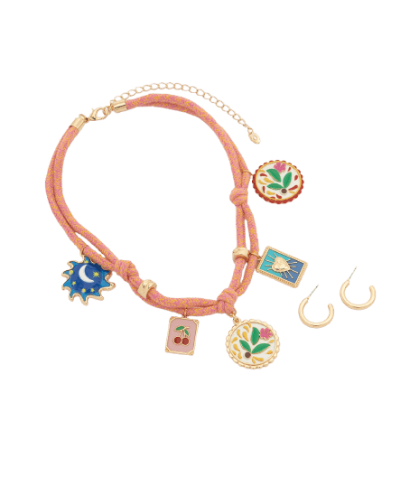 Conjunto de Colar em Fio Encerado com Pingentes e Argolas