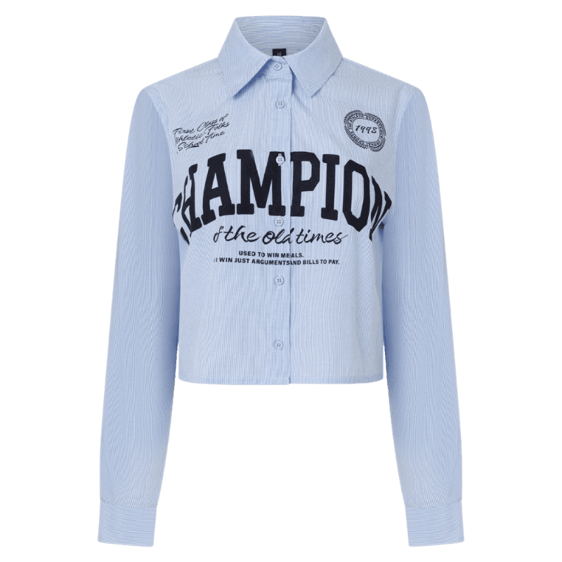 Camisa Cropped Listrada em Tricoline com Estampa Champion Azul
