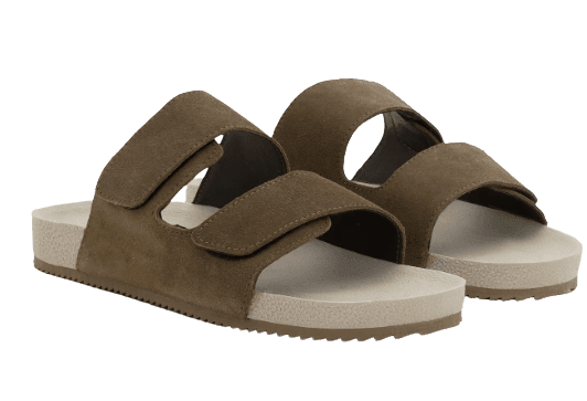 Sandália Slide em Camurça e Tiras com Velcro Marrom Claro