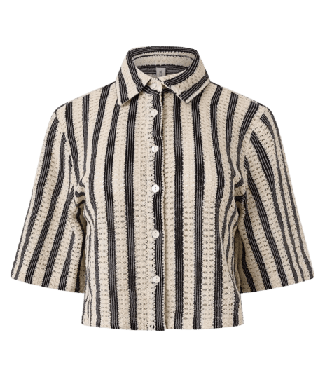 Camisa Curta com Textura e Listras Marrom/Bege