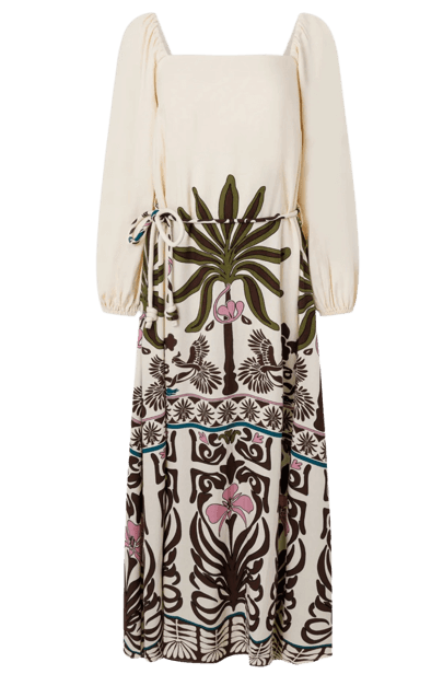 Vestido Midi Com Decote Quadrado E Manga Flare Bege