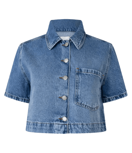Camisa Cropped em Jeans com Botões e Bolso Azul