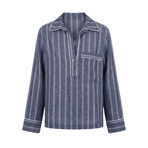Camisa De Linho Azul Polo Listrada