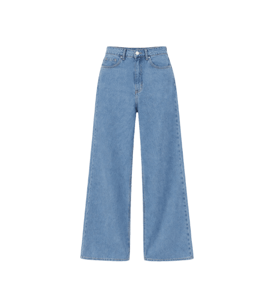 calça jeans wide leg cintura super alta azul medio