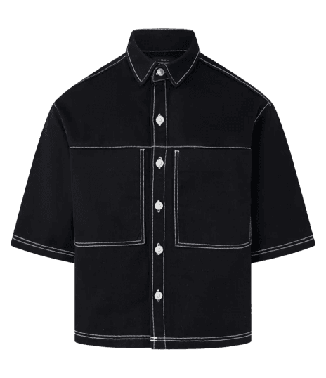 Camisa Boxy em Sarja com Bolsos Grandes e Costura Contrastante