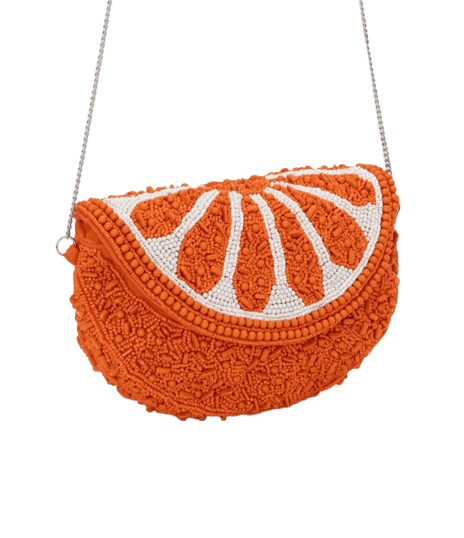 Bolsa Hobo em Miçanga com Alça Transversal e Tampa de Laranja Laranja