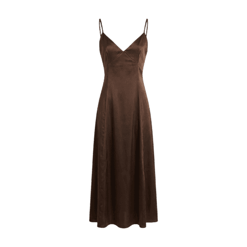 vestido midi slip dress feminino alça fina acetinado marrom