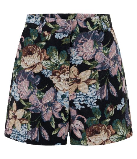 Short Cintura Alta em Jacquard Floral com Cós Alfaiatado Preto