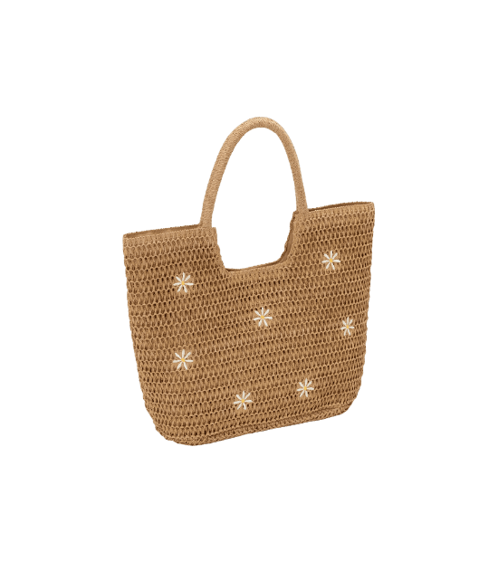 Bolsa de Praia em Palha com Bordado de Margaridas Bege