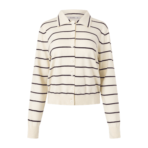 Cardigan Curto em Tricô Listrado com Gola Polo e Botões Off White