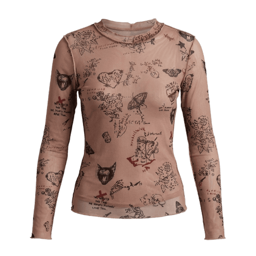 Blusa manga longa feminina em tule estampada - Bege Escuro