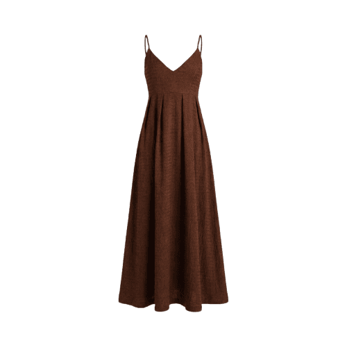 Vestido Longo Feminino Alça Fina Decote V Texturizado Marrom