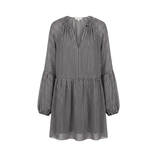 Vestido De Georgette Curto Manga Longa Com Decote v Listrado