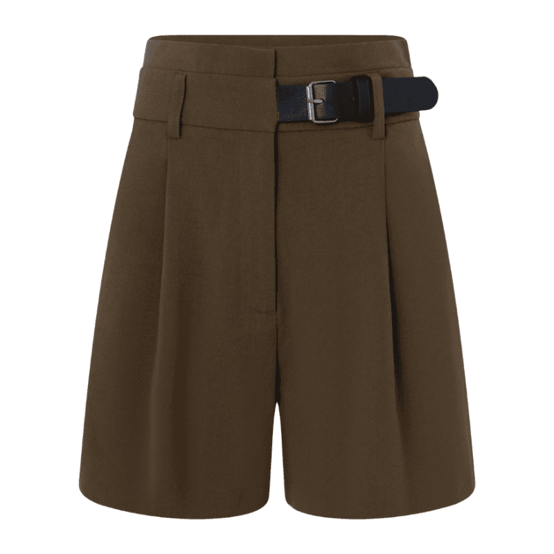 Short Reto Alfaiatado com Cintura Alta e Meio Cinto Frontal Marrom