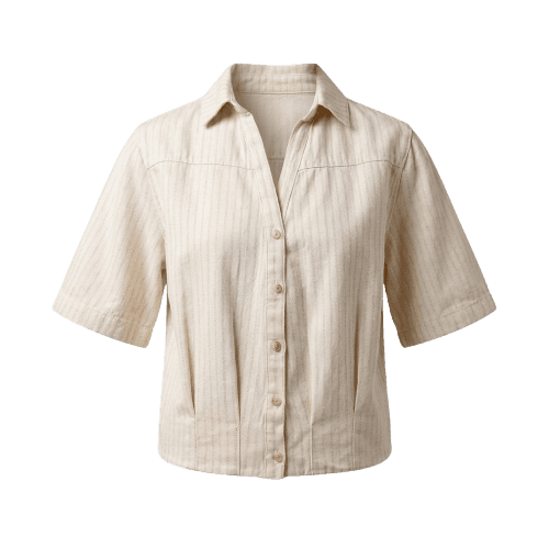 camisa feminina de sarja manga curta com pregas listrada bege