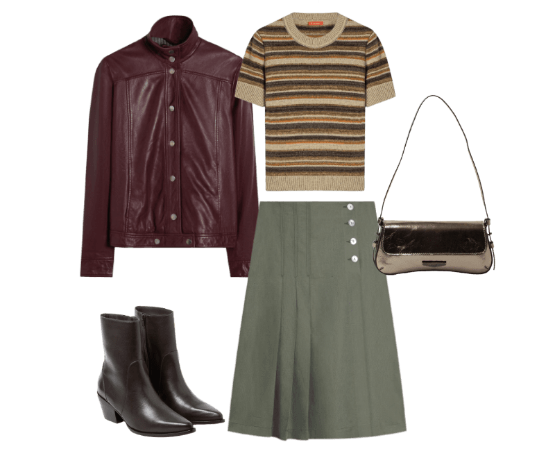 Look outono/inverno: jaqueta de couro, saia midi e botas para um estilo sofisticado