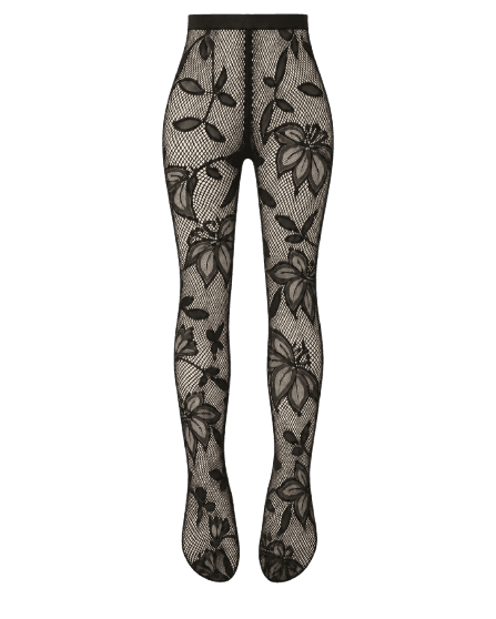 Meia-Calça Em Renda Com Macroflores - Preto