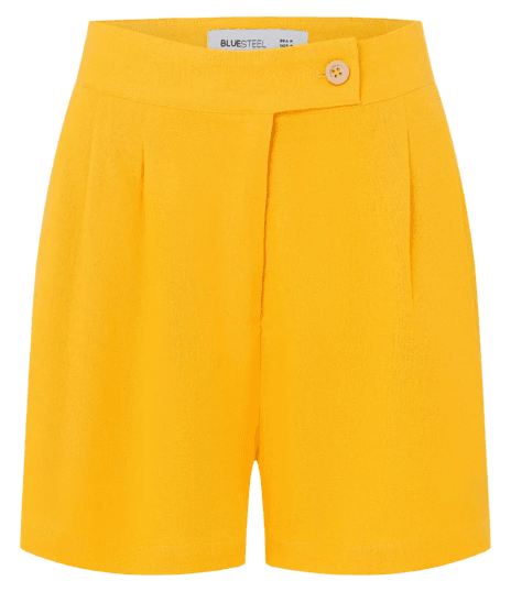 Short Cintura Alta em Viscolinho com Pregas e Bolsos Mostarda