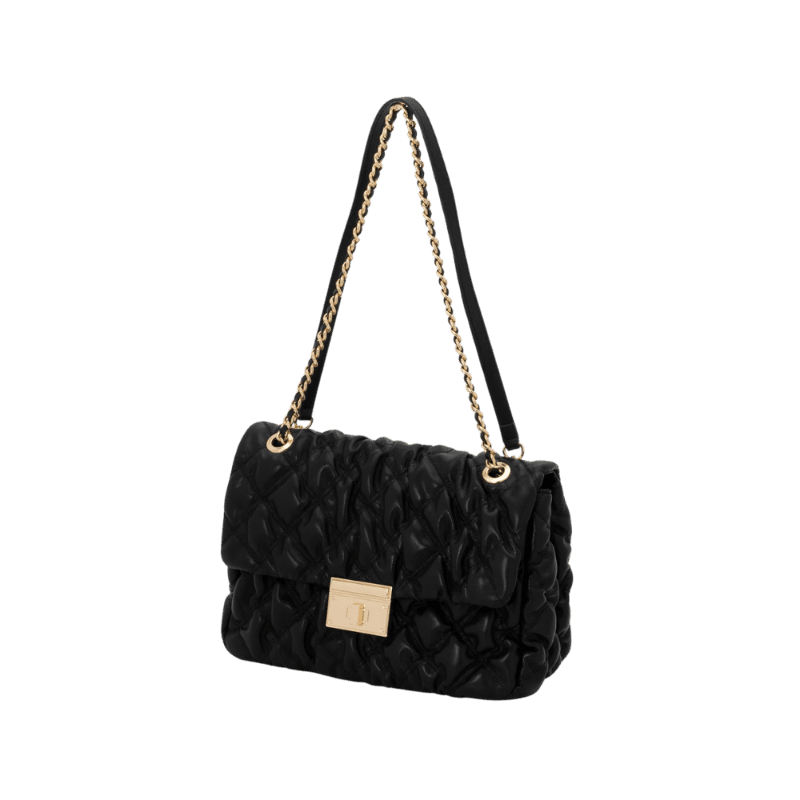 Bolsa Shoulder Grande Texturizada com Locker Metal em Light Gold Preto