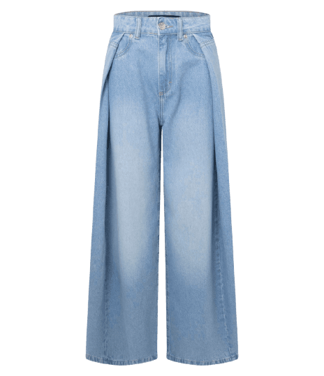 Calça Wide Leg em Jeans com Cintura Alta e Plissado Lateral