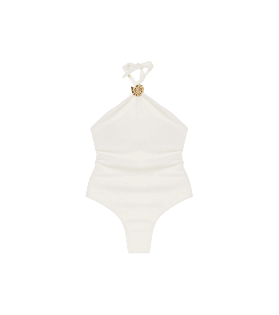 Maiô Halter em Microfibra Texturizada com Aviamento de Concha Caracol Branco